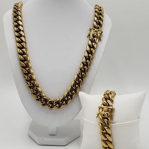14mm 14k gold plated Cuban link set